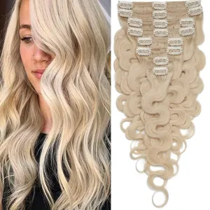 S-noilite Wavy Clip in Hair Extensions Real Human Hair Natural Wavy Remy Hair Thick Double Weft Clip in Extensions Full Head 8 Pieces 18 Clips (18 Inch - 140g,Platinum Blonde (#60))