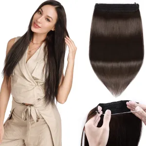 S-noilite Wire Hair Extensions Human Hair Thick Secret Wire Hair Extensions with Adjustable Headband 18" 100g Fish Line Hairpieces For Women #2 Dark Brown
