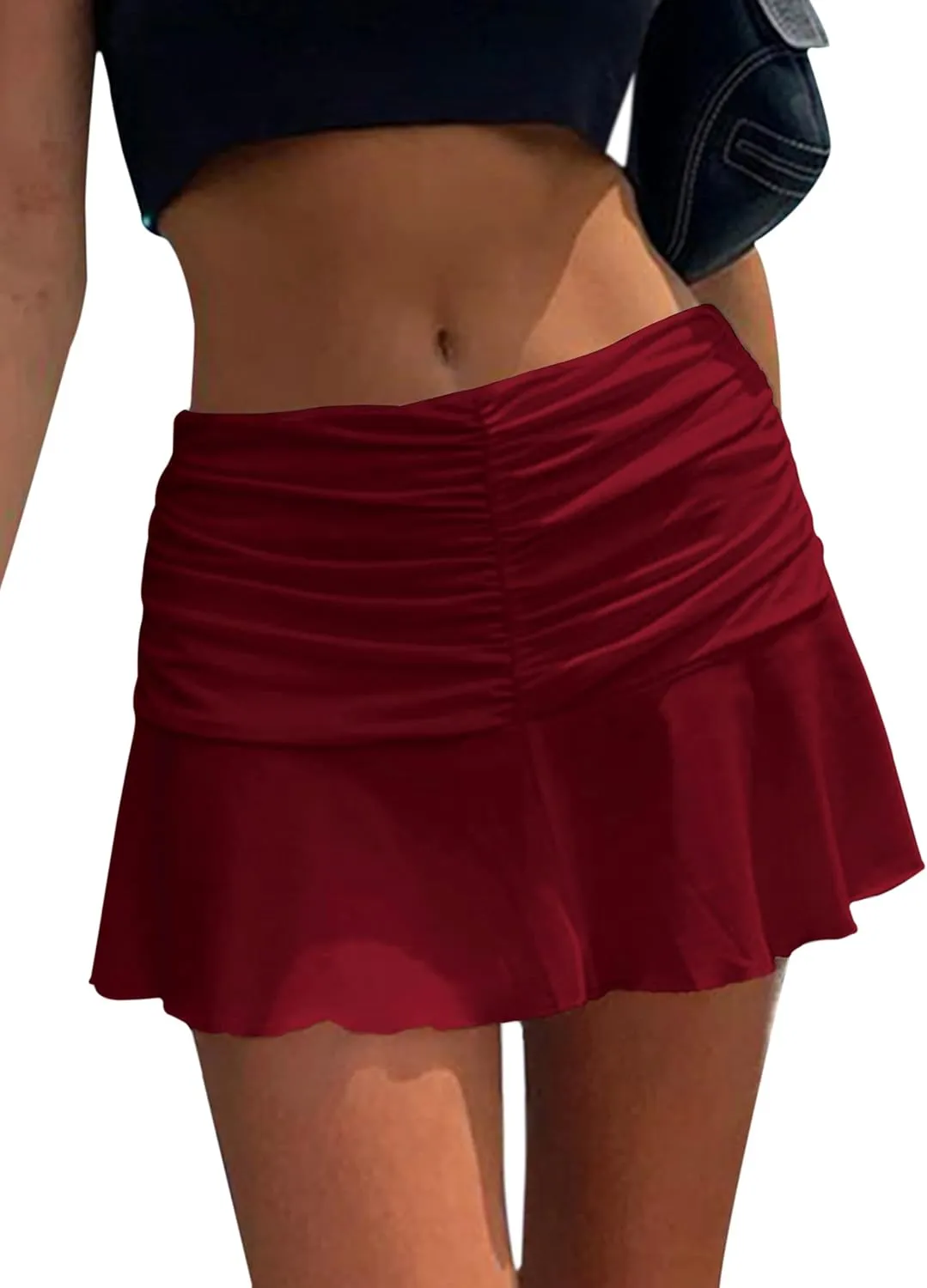 SAFRISIOR Women Ruched Ruffle Short Skirt High Waisted Stretch Pleated Tennis E-Girls 90s A-Line Mini Skirt