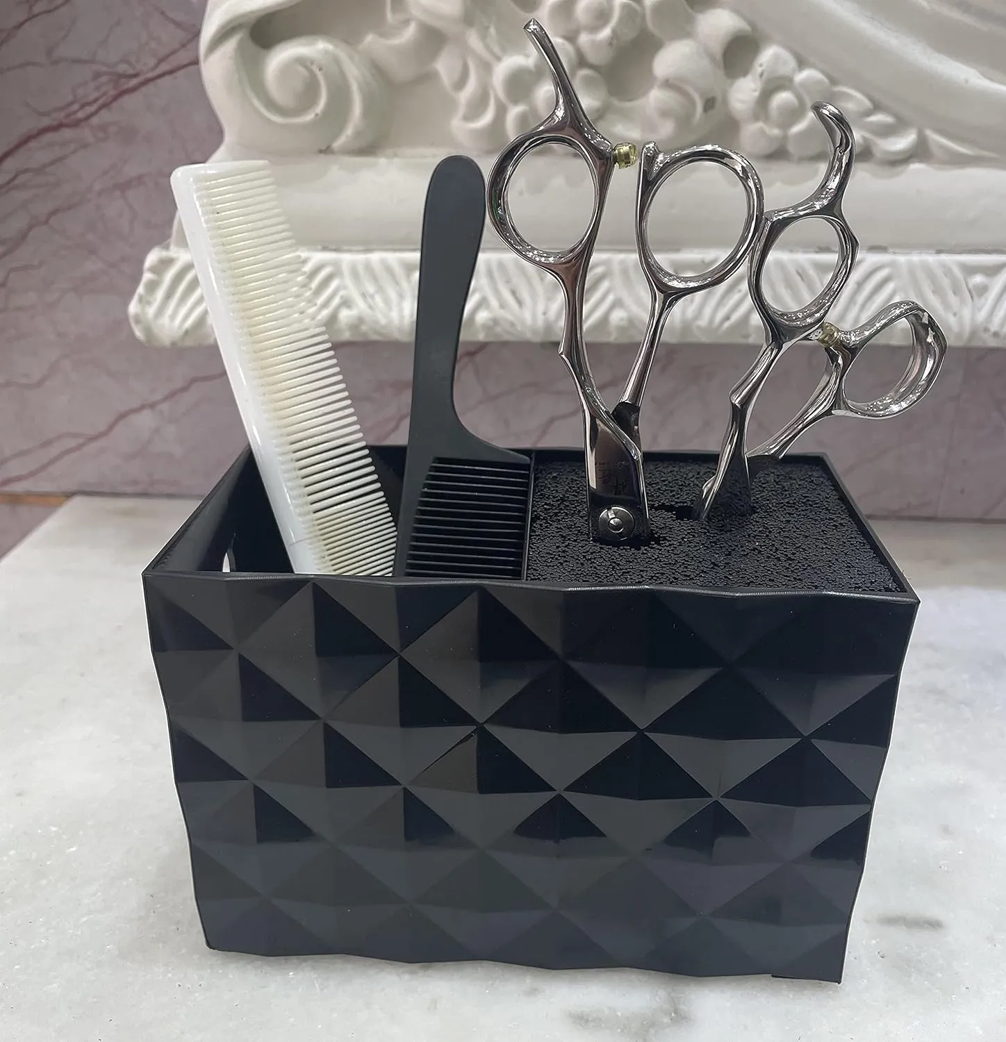 Salon Shears Rack for Hair Stylist Scissors Container for Pet Grooming Hair Cutting Organizer Storage Box Salon Shear Holder Combs Clips Brushes Hairdressing Combs Organizer (Black)