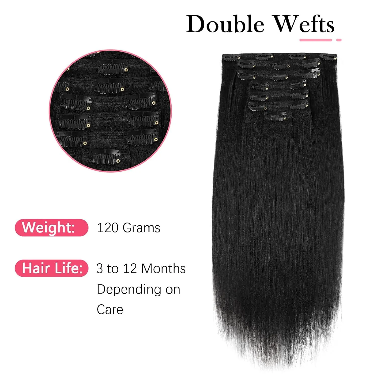Sassina Remy Yaki Clip in Hair Extensions Human Hair Coarse Yaki Straight Clip ins for Black Women Double Weft Clip ins Full Head 7 Pieces 17 Clips 120 Grams 14 Inch #1
