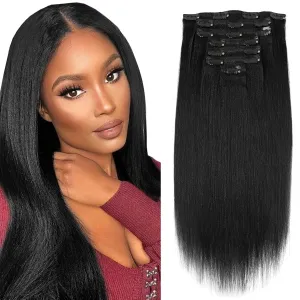 Sassina Remy Yaki Clip in Hair Extensions Human Hair Coarse Yaki Straight Clip ins for Black Women Double Weft Clip ins Full Head 7 Pieces 17 Clips 120 Grams 14 Inch #1