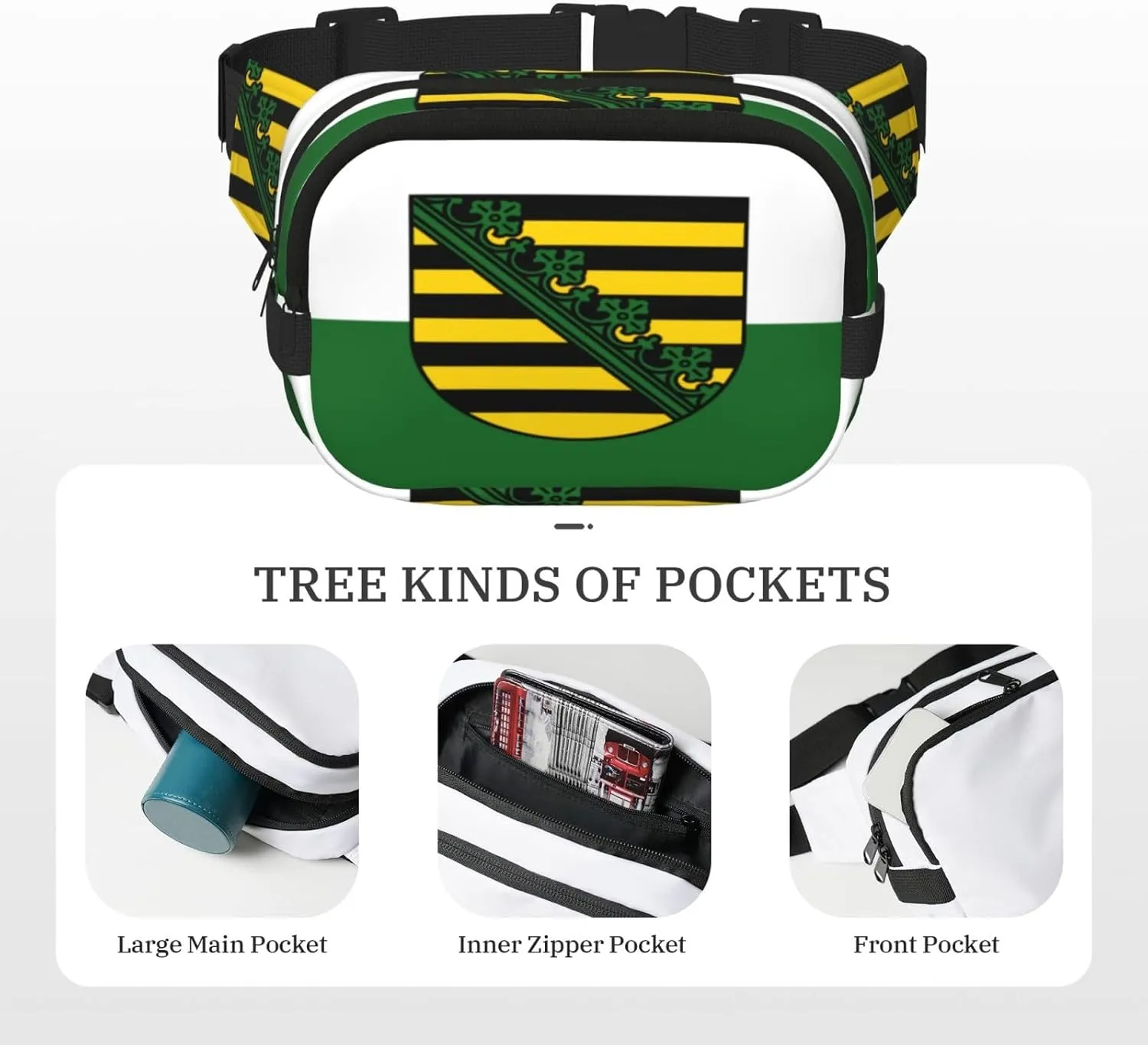 Saxony flag Square double - layer fanny pack with adjustable shoulder strap - travelling fanny pack - perfect for outdoor sports