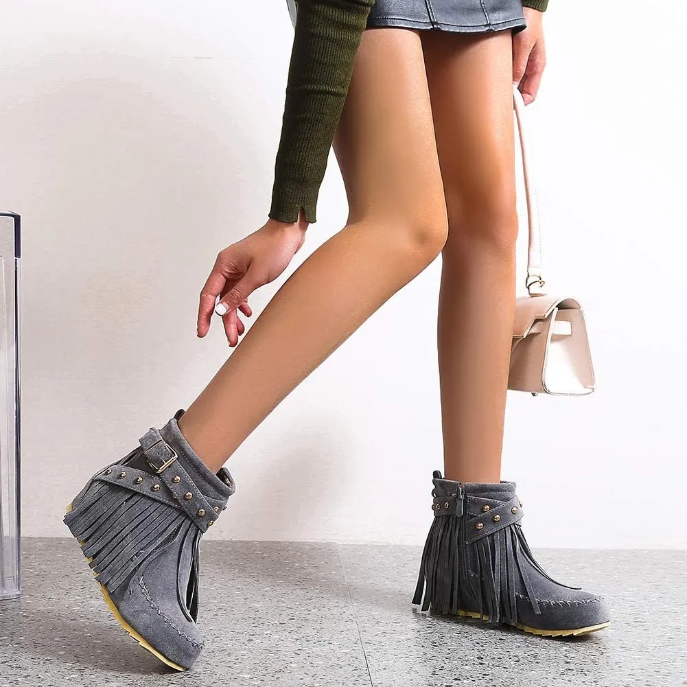 Scaoruki Women Casual Ankle Boots Flat Fringe Mocassion Booties