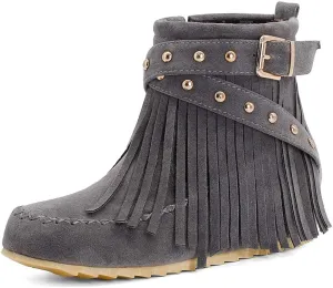 Scaoruki Women Casual Ankle Boots Flat Fringe Mocassion Booties