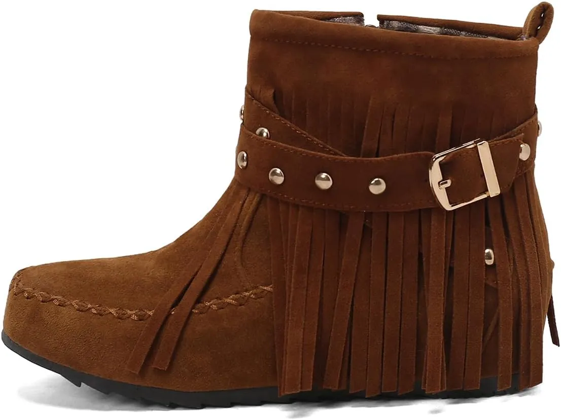 Scaoruki Women Casual Ankle Boots Flat Fringe Mocassion Booties