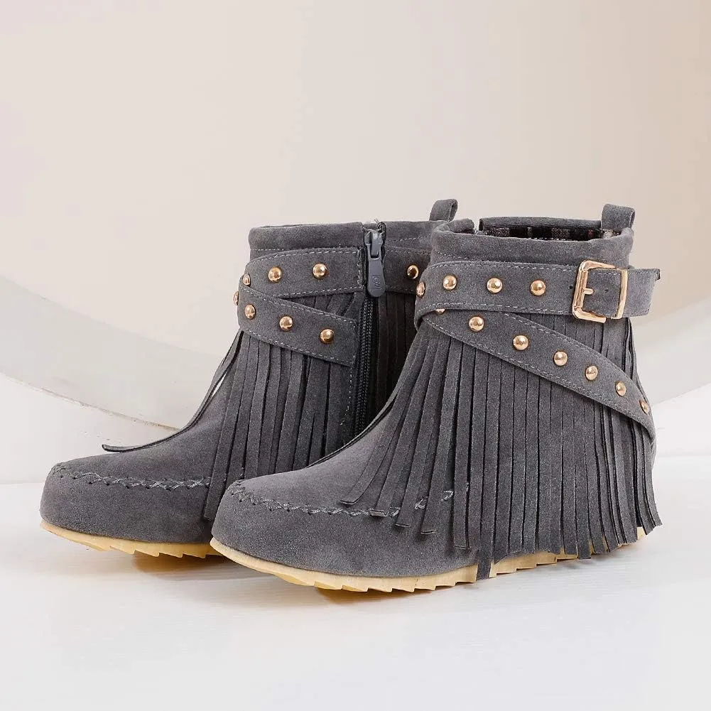 Scaoruki Women Casual Ankle Boots Flat Fringe Mocassion Booties