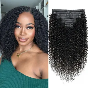 Seamless Curly Clip ins Hair Extensions Real Human hair Brazilian Virgin 3c 4a Curly Clip on Human Hair Extensions (14inch,#1B)