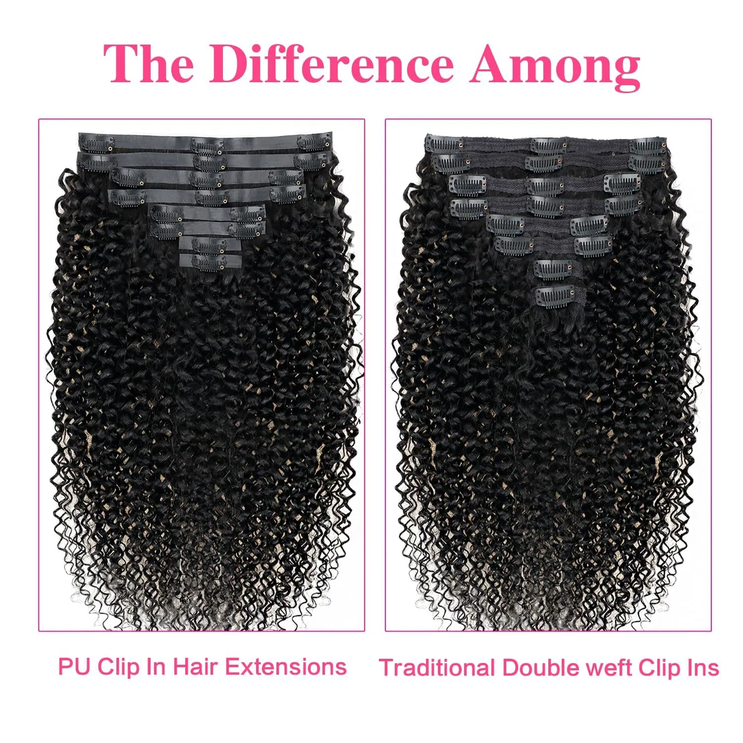 Seamless Curly Clip ins Hair Extensions Real Human hair Brazilian Virgin 3c 4a Curly Clip on Human Hair Extensions (14inch,#1B)
