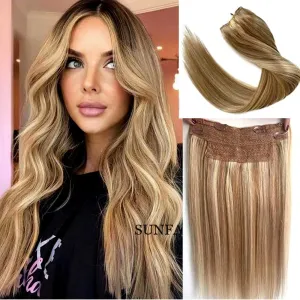Secret Natural Hair Extensions - Human Hair, Invisible Wire, Ombre Light Blonde to Golden Blonde, 14inch 70g Straight, Flip in & Clip in with Invisible Fish Line