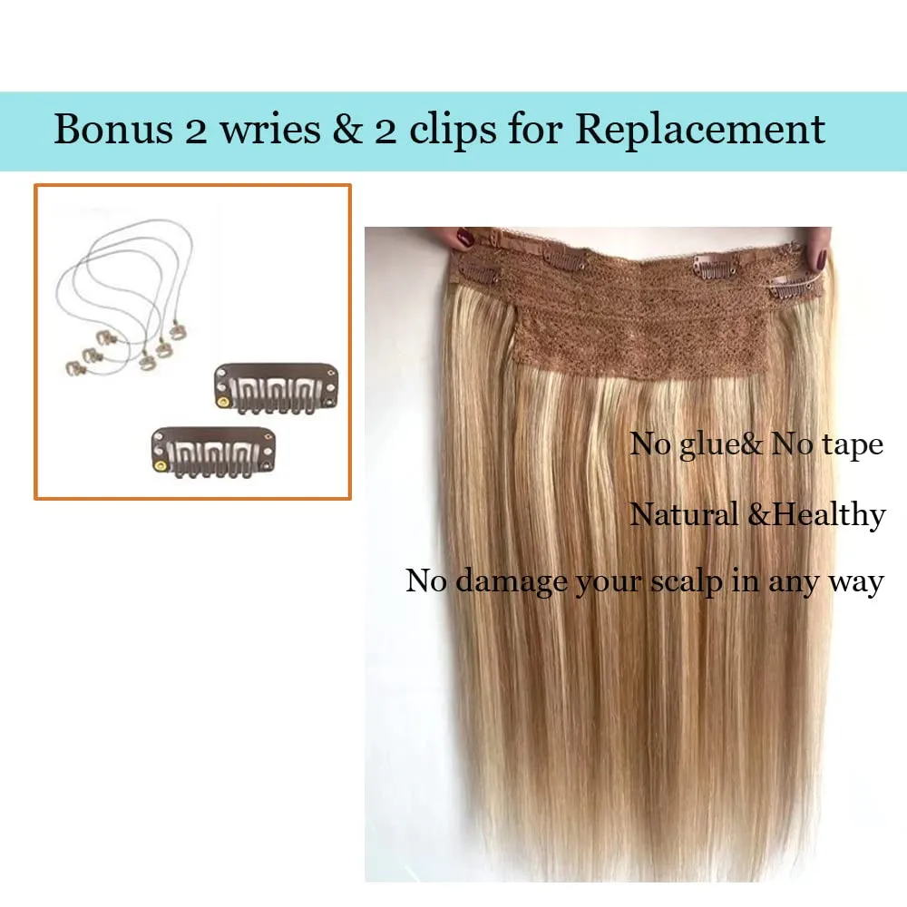 Secret Natural Hair Extensions - Human Hair, Invisible Wire, Ombre Light Blonde to Golden Blonde, 14inch 70g Straight, Flip in & Clip in with Invisible Fish Line