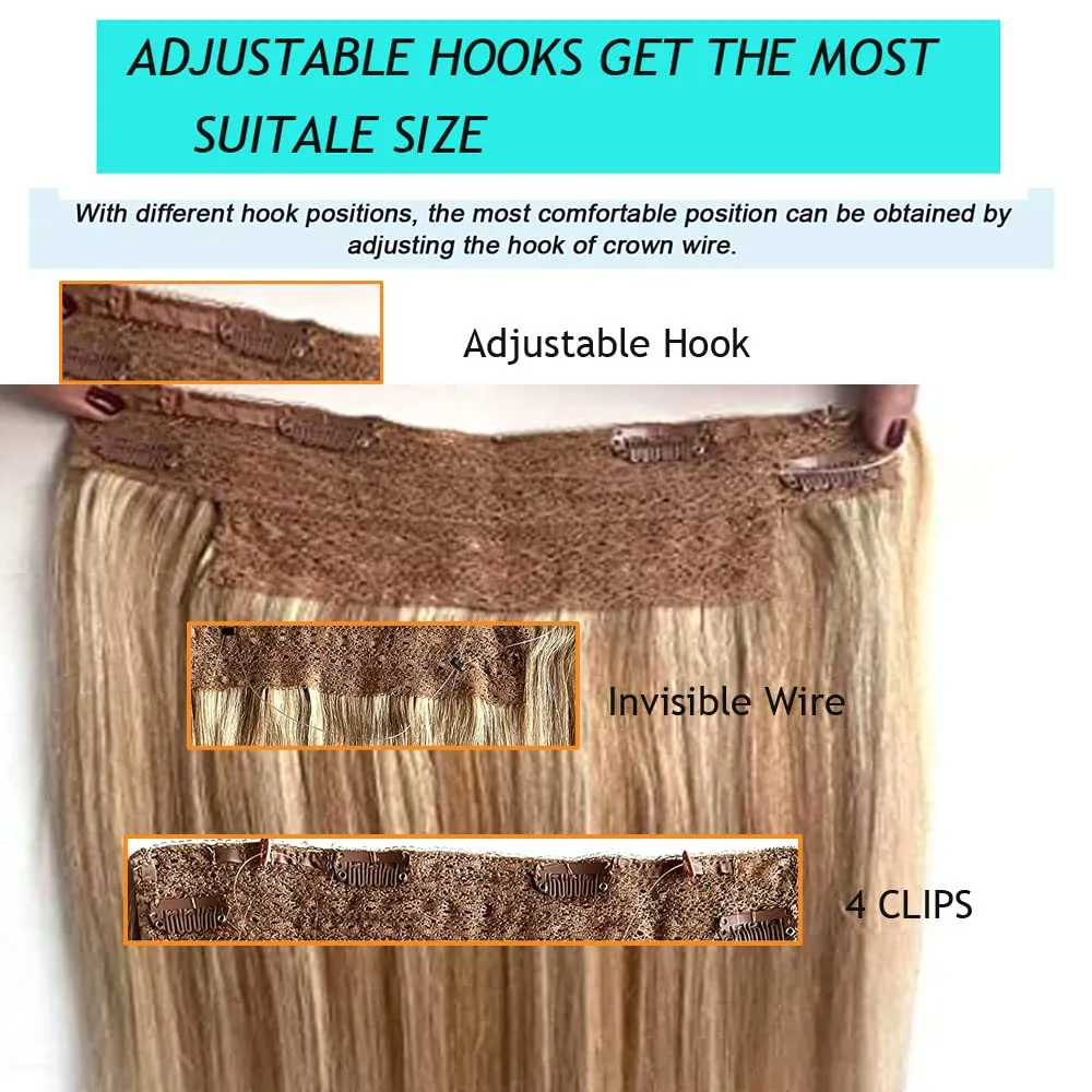 Secret Natural Hair Extensions - Human Hair, Invisible Wire, Ombre Light Blonde to Golden Blonde, 14inch 70g Straight, Flip in & Clip in with Invisible Fish Line