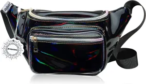 Shiny Neon Fanny Bag for Women Rave Festival Hologram Bum Travel Waist Pack (Black)