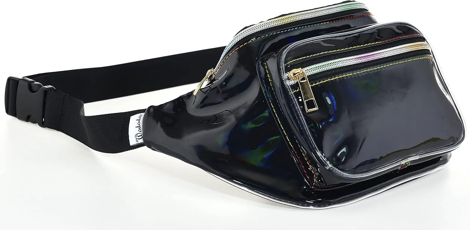 Shiny Neon Fanny Bag for Women Rave Festival Hologram Bum Travel Waist Pack (Black)
