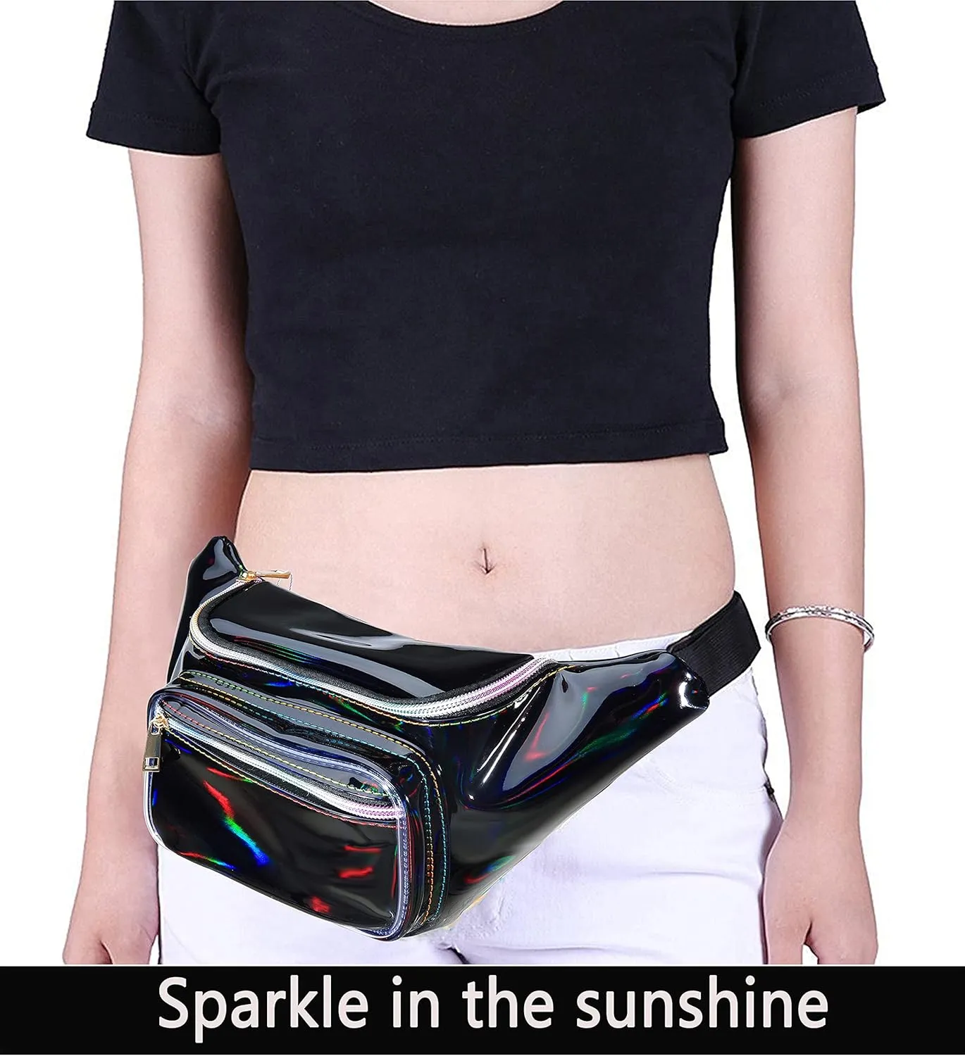 Shiny Neon Fanny Bag for Women Rave Festival Hologram Bum Travel Waist Pack (Black)