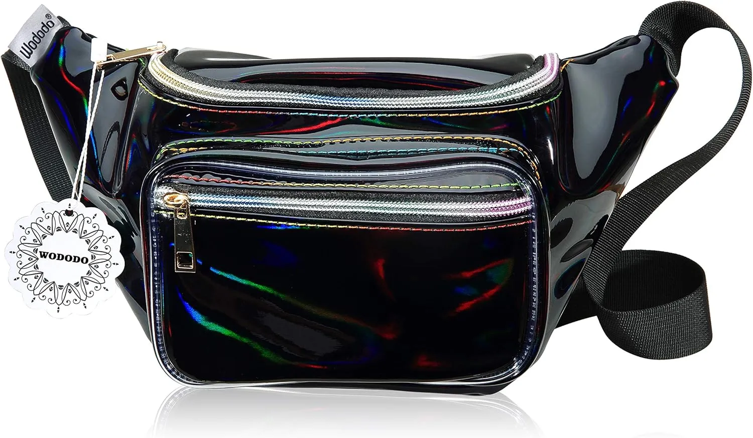 Shiny Neon Fanny Bag for Women Rave Festival Hologram Bum Travel Waist Pack (Black)