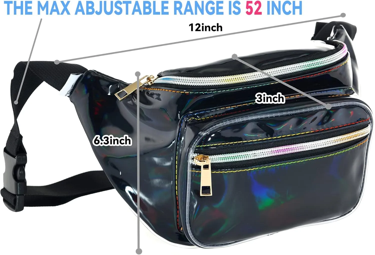 Shiny Neon Fanny Bag for Women Rave Festival Hologram Bum Travel Waist Pack (Black)