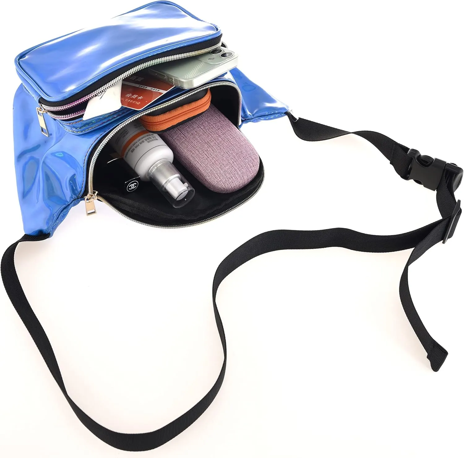 Shiny Neon Fanny Bag for Women Rave Festival Hologram Bum Travel Waist Pack (Blue)