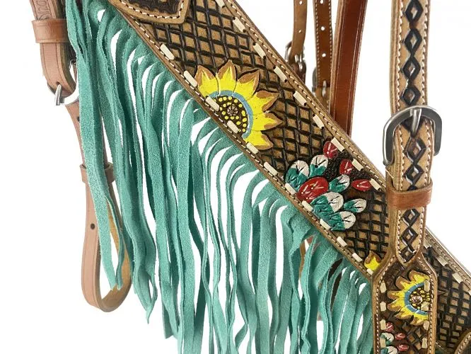 Showman Cactus and Sunflower Design Bridle and Breastplate Set with Fringe