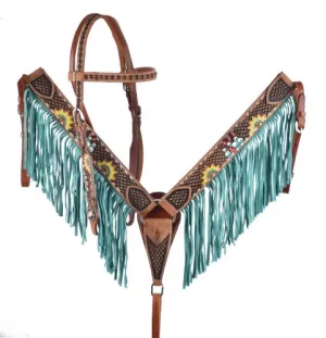 Showman Cactus and Sunflower Design Bridle and Breastplate Set with Fringe