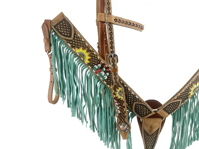 Showman Cactus and Sunflower Design Bridle and Breastplate Set with Fringe