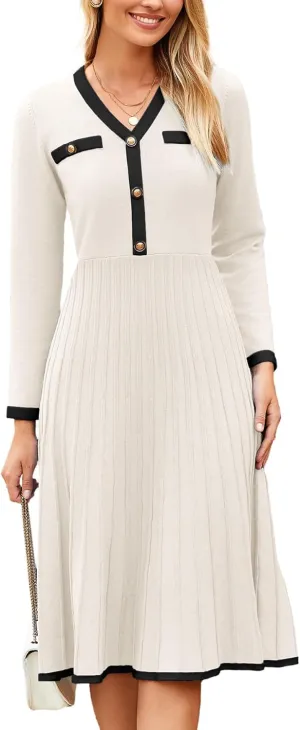 Simplee Women Long Sleeve Sweater Dress Ribbed Knit Formal Work Midi Dresses