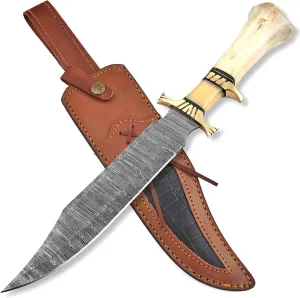 Skokie Knives Handmade Damascus Steel Hunting Knife – Full Tang Fixed Blade with Premium Handle & Leather Sheath – Available in White, Orange, Green & Blue (White)
