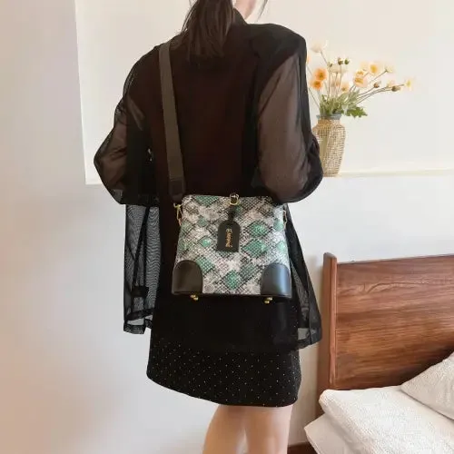 Sleek Leather Snakeskin Print Crossbody Bucket Bag