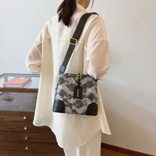 Sleek Leather Snakeskin Print Crossbody Bucket Bag
