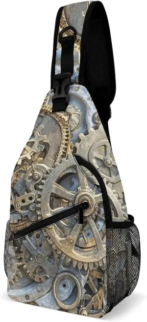 Sling Bag for Women Men Chest Bag Cool Steampunk Gears Crossbody Bag Small Sling Backpack Daypack Fanny Packs