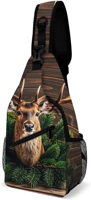 Sling Bag for Women Men Chest Bag Evergreen Branches Antlers Crossbody Bag Small Sling Backpack Daypack Fanny Packs