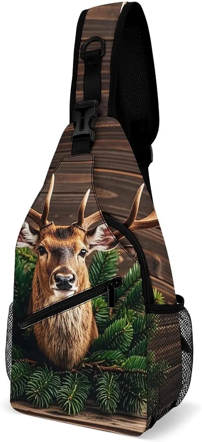 Sling Bag for Women Men Chest Bag Evergreen Branches Antlers Crossbody Bag Small Sling Backpack Daypack Fanny Packs