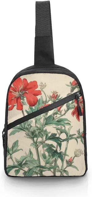 Sling Bag for Women Men Chest Bag Red Flowers on Stem Daypack Fanny Pack Cross Body Bag for Traveling