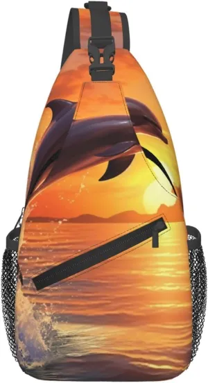 Sling Bag for Women Men Chest Bag Sunset Dolphin Crossbody Bag Sling Backpack Fanny Packs Hiking Daypack for Travel