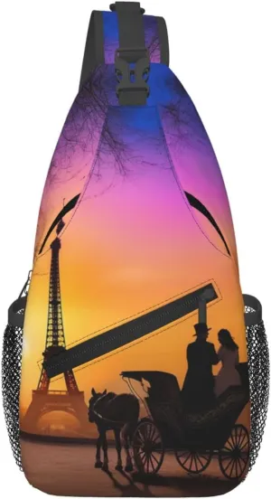 Sling Bag for Women Men Chest Bag Valentine Paris Eiffel Tower Romantic Couple Carriage Sunset Crossbody Bag Sling Backpack Fanny Packs Hiking Daypack for Travel