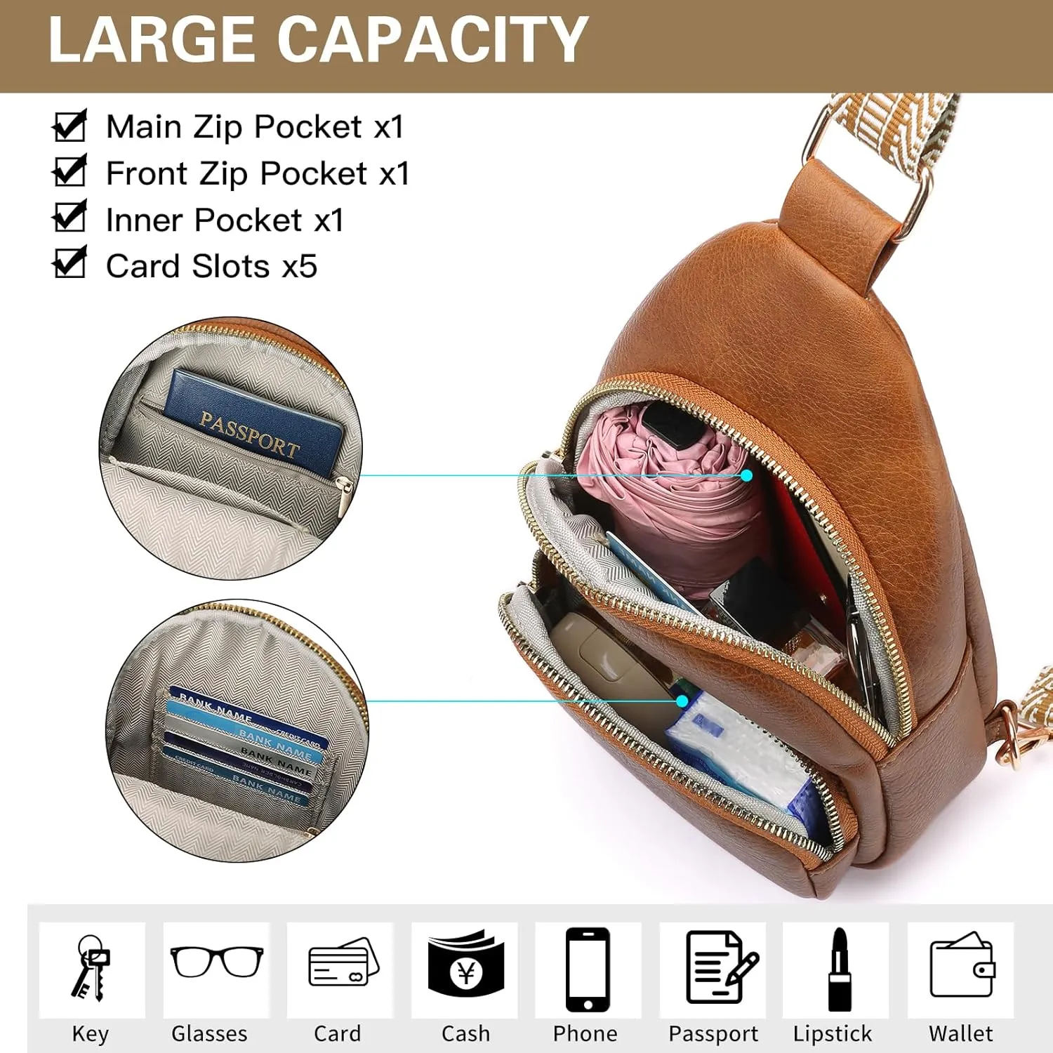 Small Sling Bag for Women, Vegan Leather Crossbody Fanny Packs Chest Bag With Guitar Strap