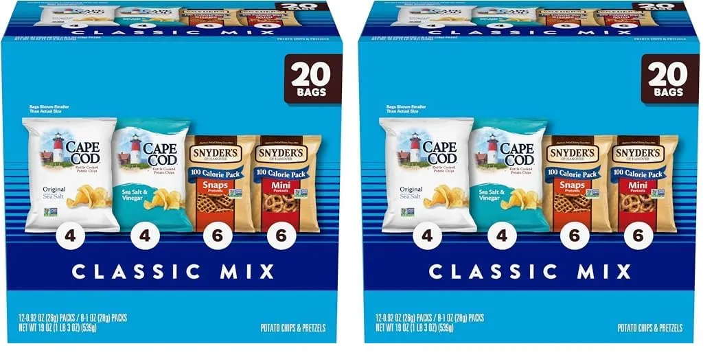 Snyder's of Hanover and Cape Cod Classic Mix Variety Pack, 20 Count Snack Bags (Pack of 2)