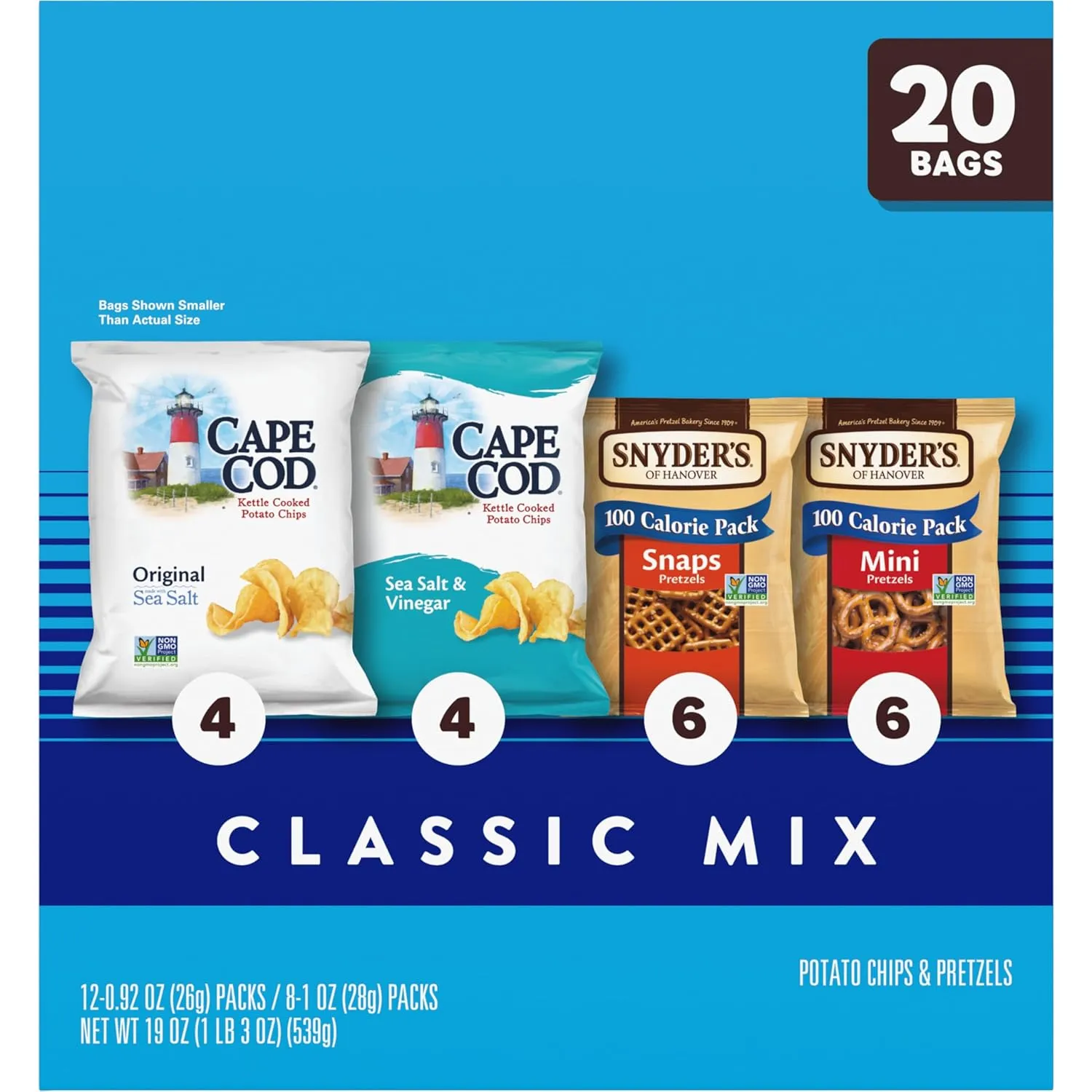Snyder's of Hanover and Cape Cod Classic Mix Variety Pack, 20 Count Snack Bags (Pack of 2)