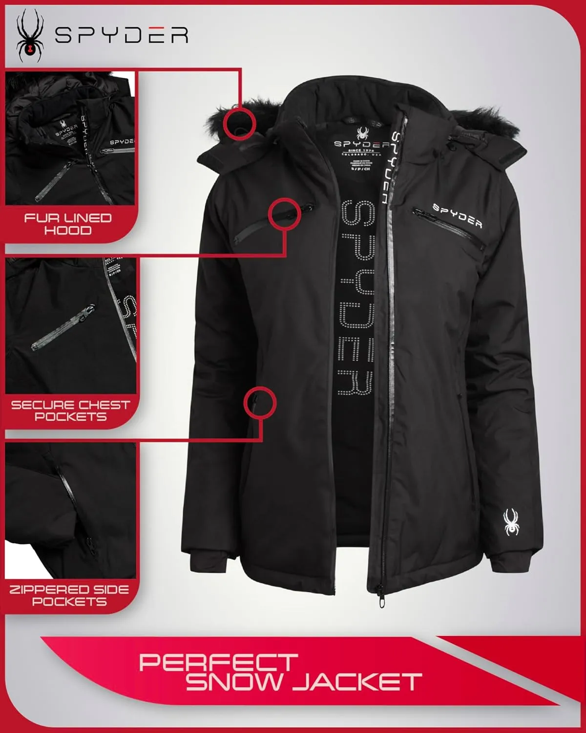 Spyder Women's Snow Jacket - Color Block Quilted Weatherproof Winter Ski Jacket for Women with Detachable Hood (Sizes: S-XL)