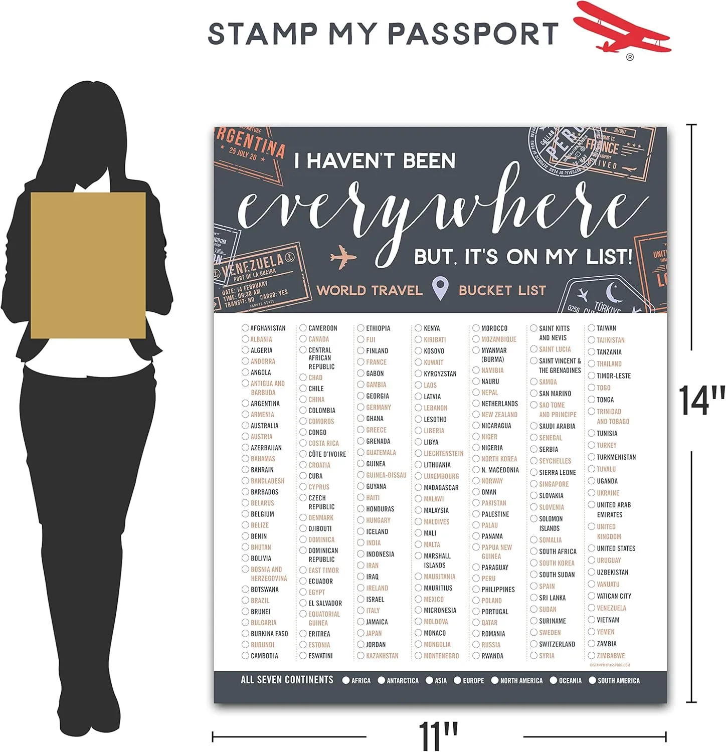 Stamp My Passport World Travel Bucket List - Checklist for All 7 Continents & 195 Countries - Adventure-Inspired Travel Decor & Gift Idea - Unframed Print (Gray, 8x10)