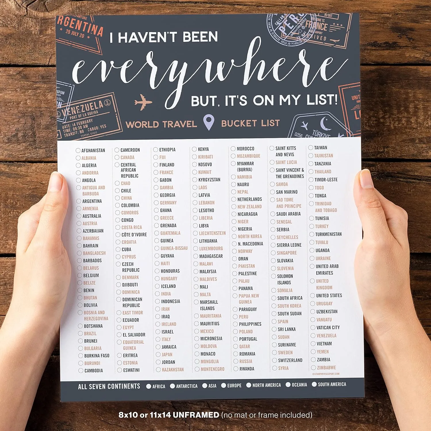 Stamp My Passport World Travel Bucket List - Checklist for All 7 Continents & 195 Countries - Adventure-Inspired Travel Decor & Gift Idea - Unframed Print (Gray, 8x10)