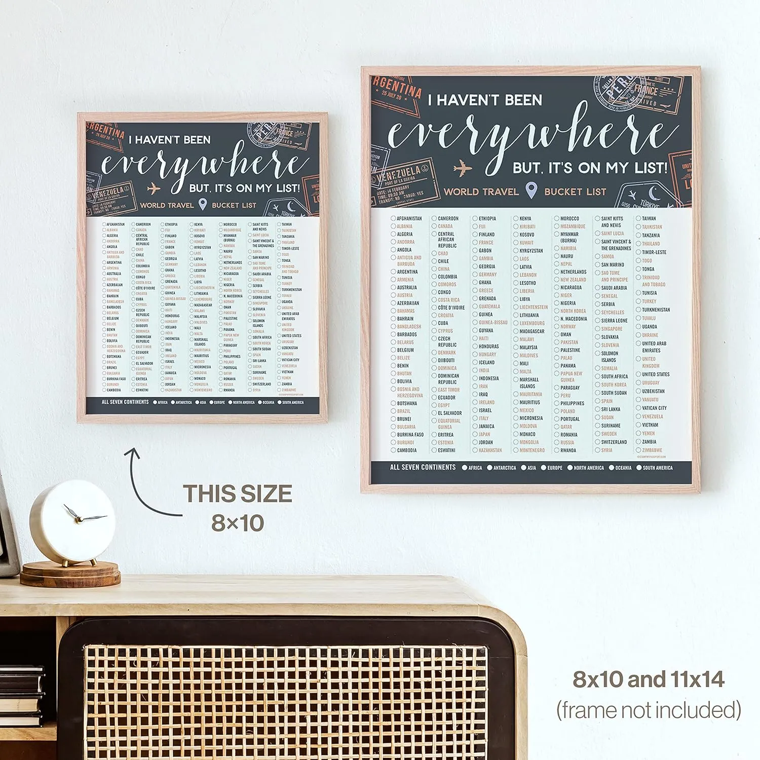 Stamp My Passport World Travel Bucket List - Checklist for All 7 Continents & 195 Countries - Adventure-Inspired Travel Decor & Gift Idea - Unframed Print (Gray, 8x10)
