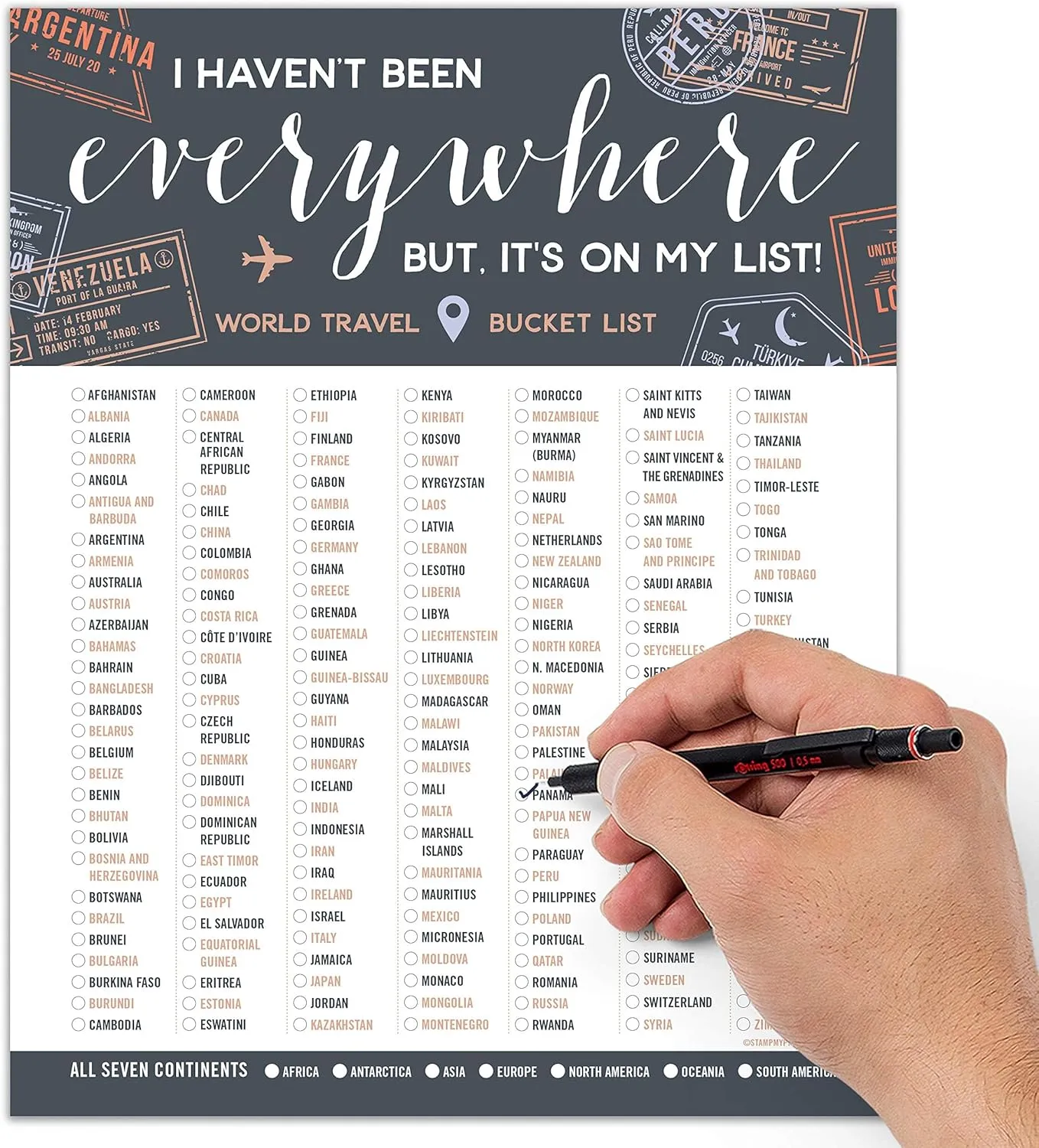 Stamp My Passport World Travel Bucket List - Checklist for All 7 Continents & 195 Countries - Adventure-Inspired Travel Decor & Gift Idea - Unframed Print (Gray, 8x10)