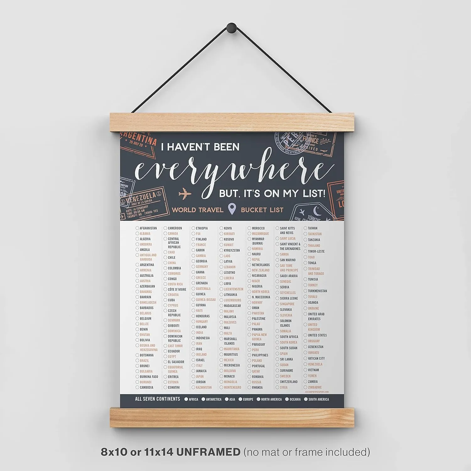 Stamp My Passport World Travel Bucket List - Checklist for All 7 Continents & 195 Countries - Adventure-Inspired Travel Decor & Gift Idea - Unframed Print (Gray, 8x10)