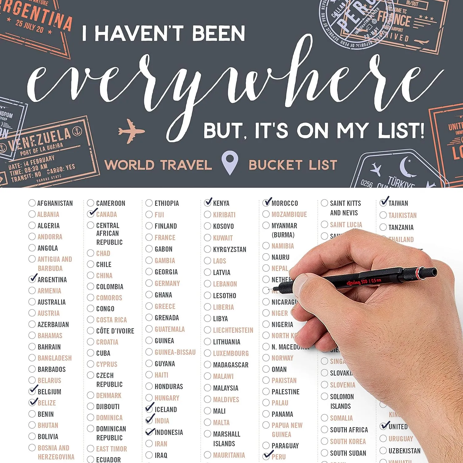 Stamp My Passport World Travel Bucket List - Checklist for All 7 Continents & 195 Countries - Adventure-Inspired Travel Decor & Gift Idea - Unframed Print (Gray, 8x10)