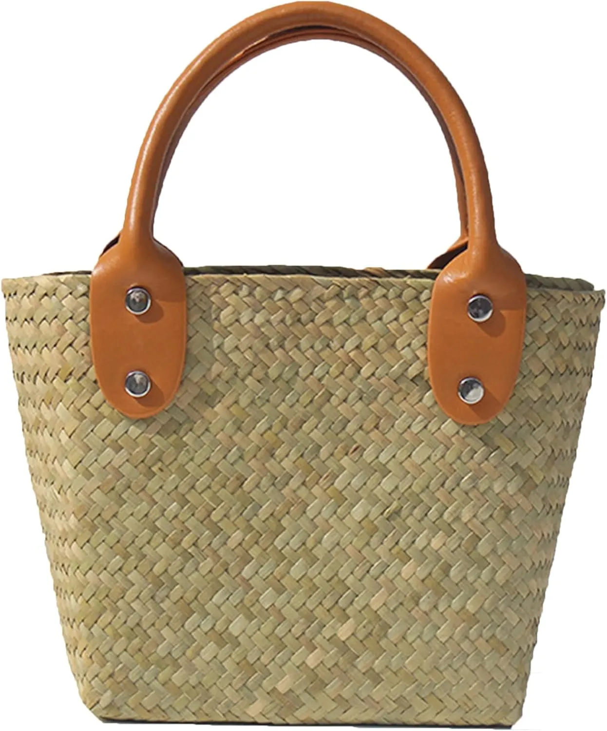 Straw Basket Tote Bag Bulk Handmade Straw Beach Bags PU leather with Hollow Woven Top Handle Straw Handbag