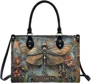 Stunning Dragonfly - Personalized Dragonfly Leather Handbag, Vintage Dragonflies Printed Handbag With Adjustable Shoulder Strap And Top Handle, Custom Name Gift For Mom, Woman, Mother's Day