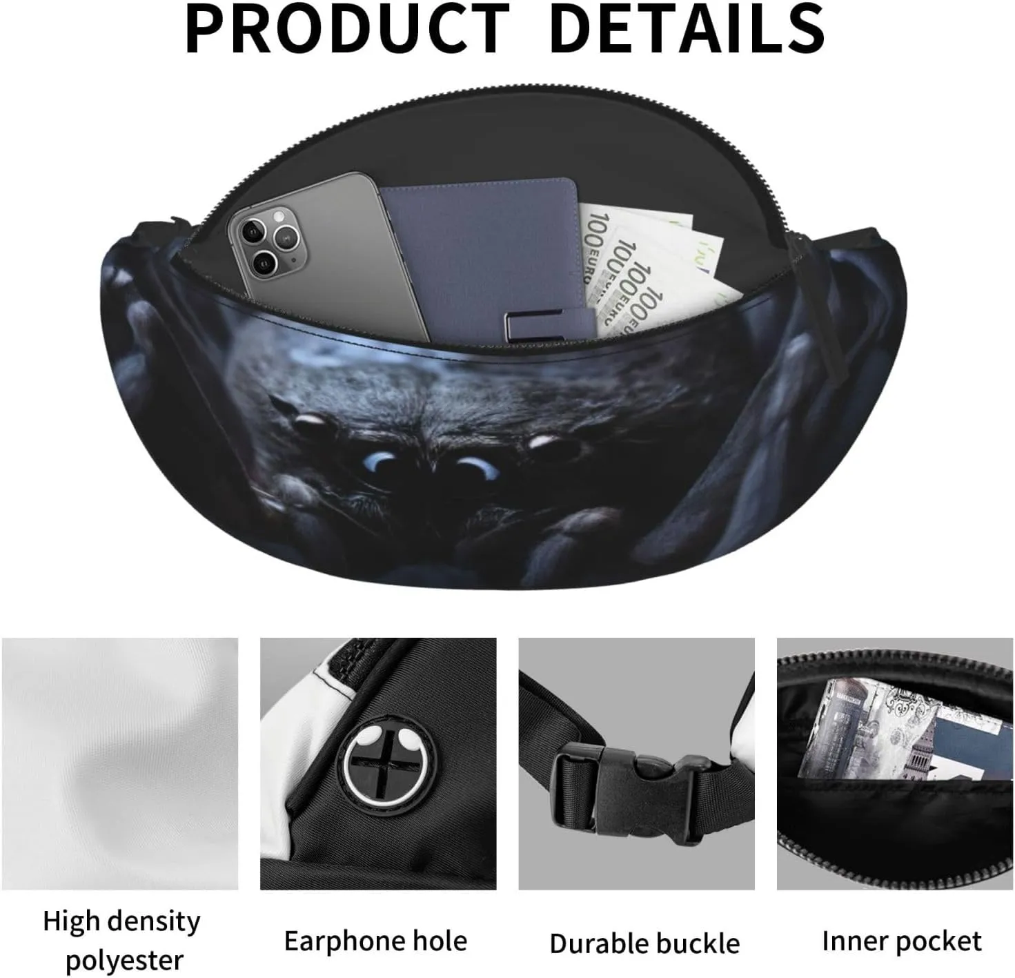 Stylish 3d Black Spider Bumbags Waist Fanny Pack For Women Ladies Men Lightweight Bum Bag With Zip Pockets Adjustable Belt For Dog Walking Running Cycling Hiking Outdoor Sport