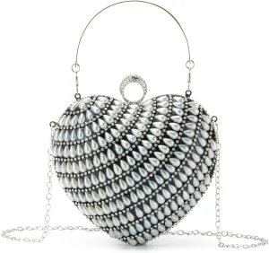 SUKUTU Cute Heart Shape Clutch Bag Women Elegant Pearl Rhinstone Evening Purse Wedding Party Bridal Prom Handbag