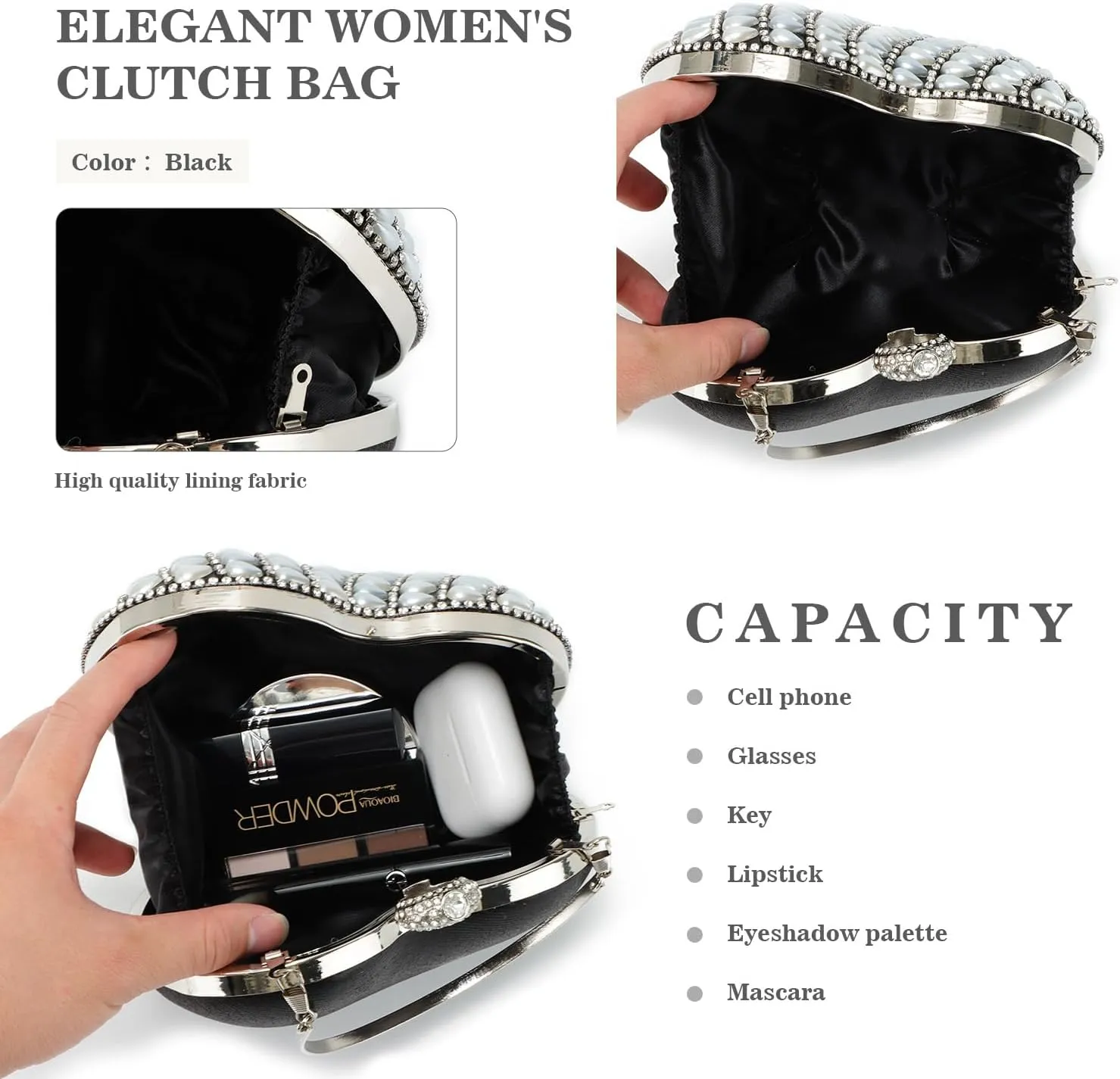 SUKUTU Cute Heart Shape Clutch Bag Women Elegant Pearl Rhinstone Evening Purse Wedding Party Bridal Prom Handbag